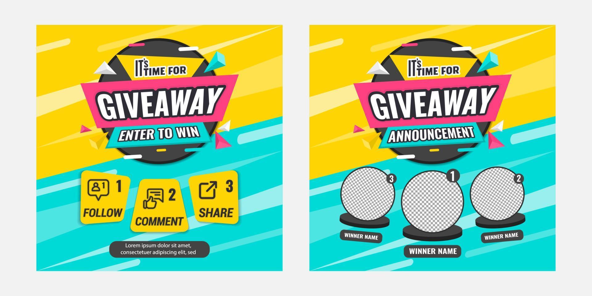 Giveaway quizecontest and announcement for social media feed. Vector template prize win competition with steps