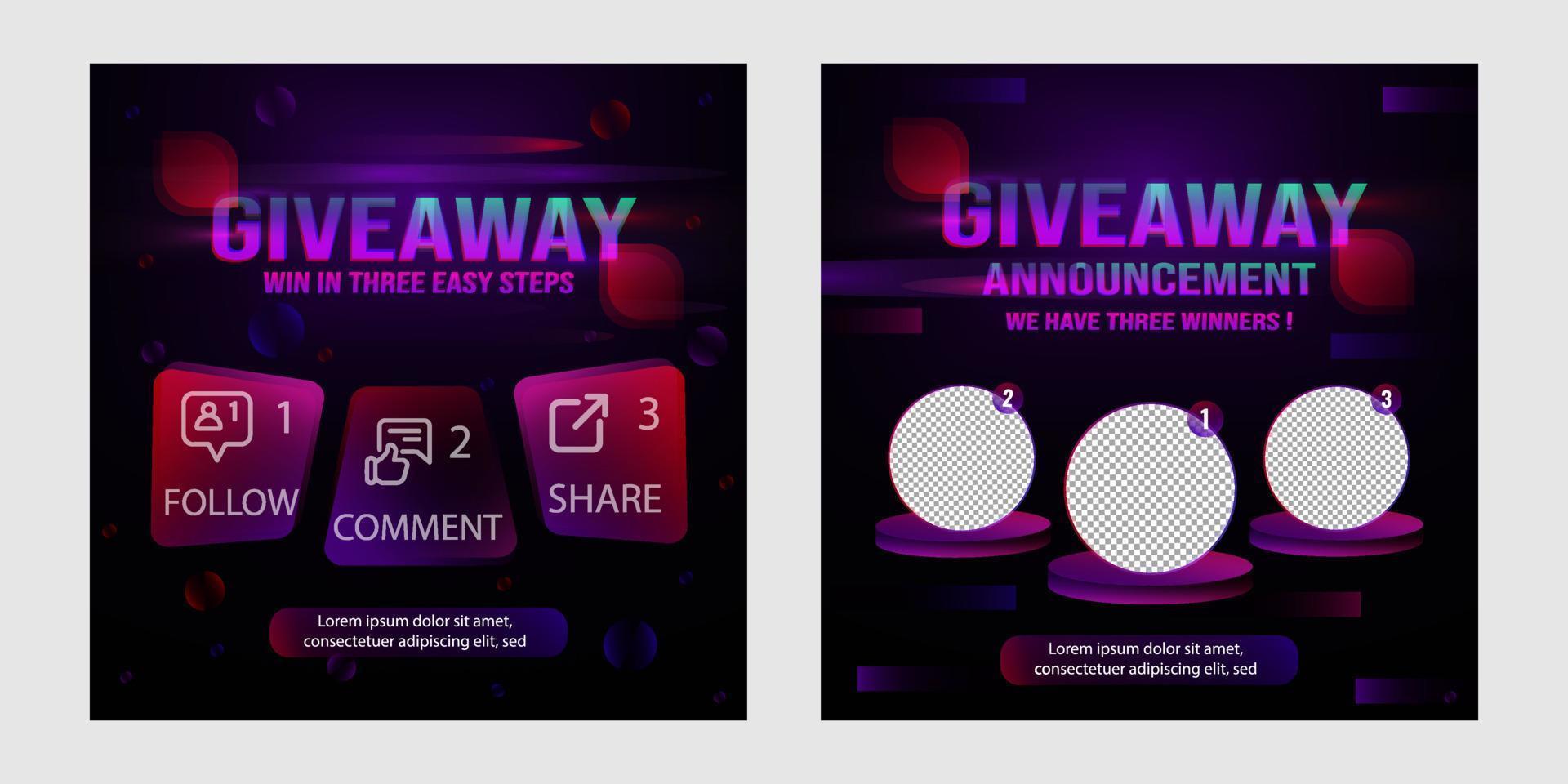 Giveaway quiz contest and announcement for social media feed. Vector template prize win competition with steps