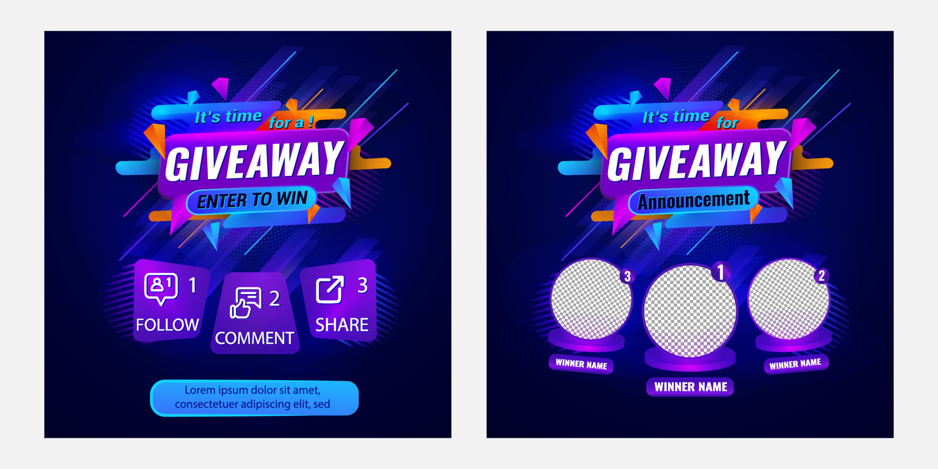 Giveaway quiz contest and announcement for social media feed. Vector template prize win