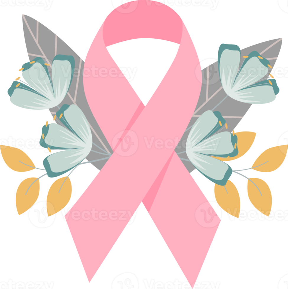 Pink ribbon with flowers for breast cancer awareness. png