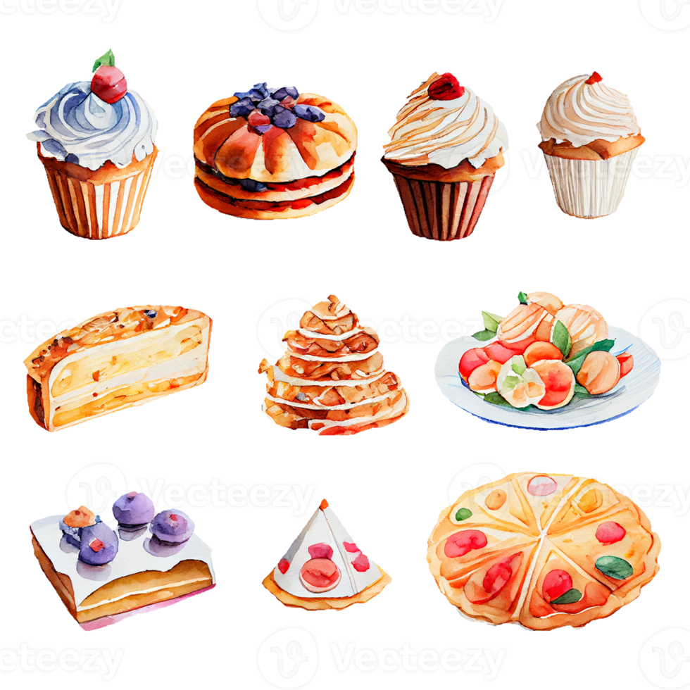 Set of bakery with sweets watercolor painting on transparent background png