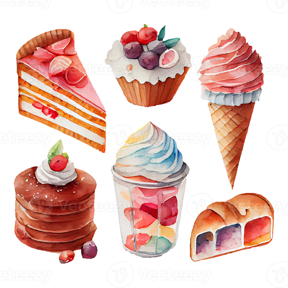 Set of bakery with sweets watercolor painting on transparent background png