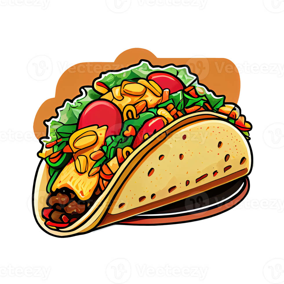 Tacos Mexican dish of a tortilla filled with various meats, vegetables and toppings. Cartoon sticker png