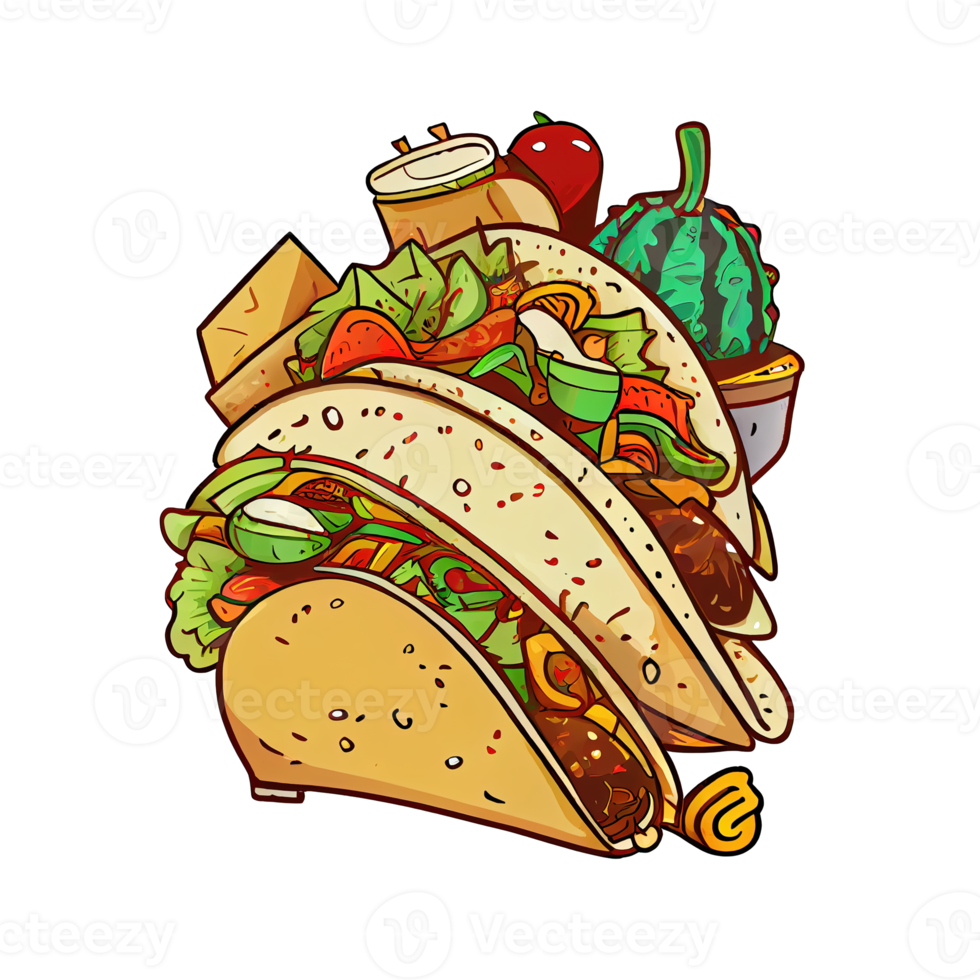 Tacos Mexican dish of a tortilla filled with various meats, vegetables and toppings. Cartoon sticker png