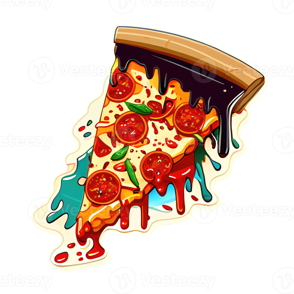 Pizza Italian dish with tomato sauce, cheese, and various toppings. Cartoon sticker pizza. png