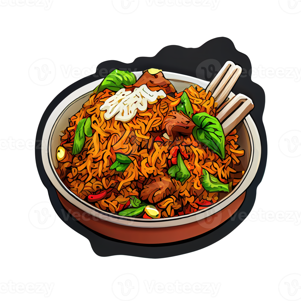 Biryani Indian dish of spices, meat or vegetables, and rice. Cartoon sticker. png