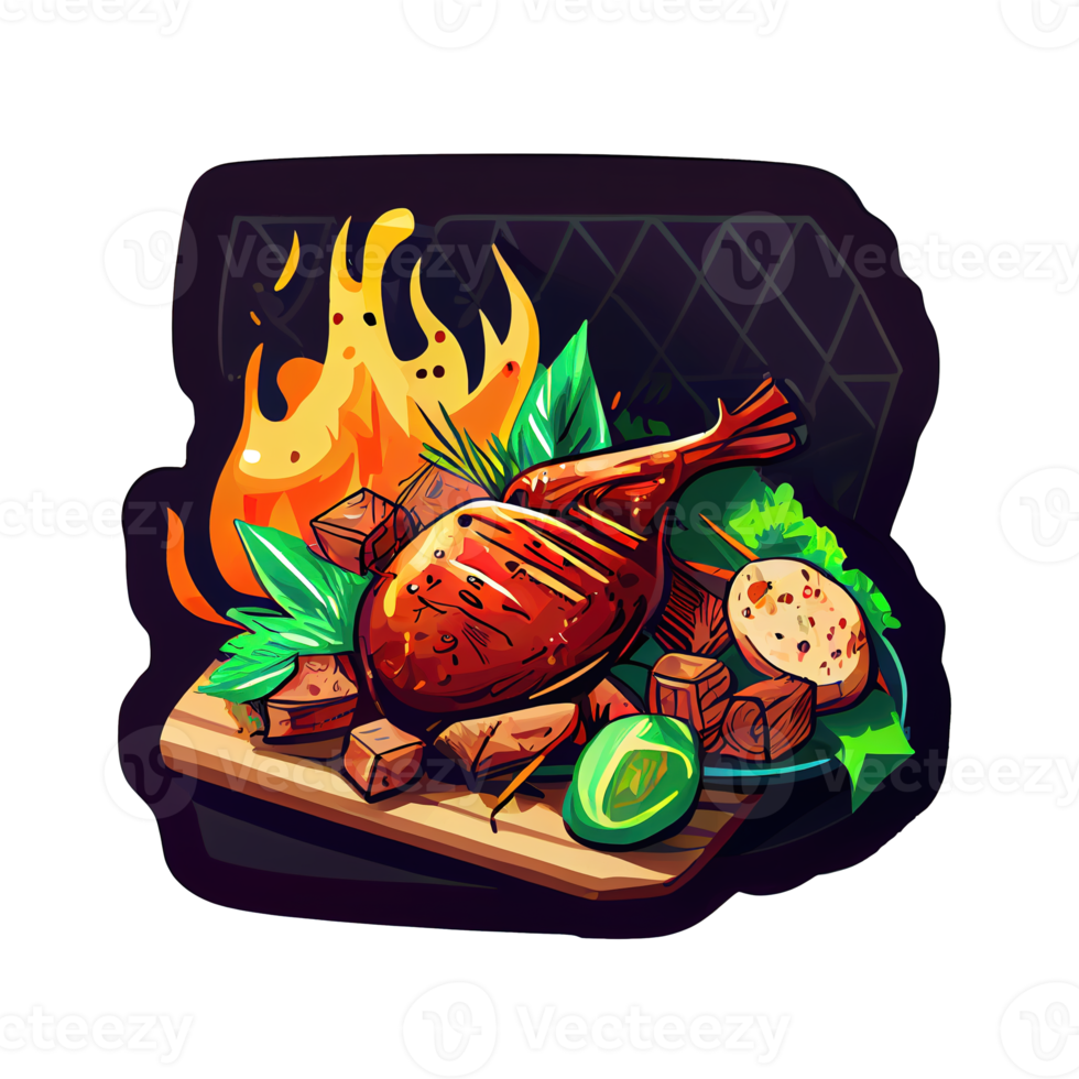 tekenfilm sticker van een barbecue schotel met gegrild vlees, symboliseert de Amerikaans zomertijd gerecht. png