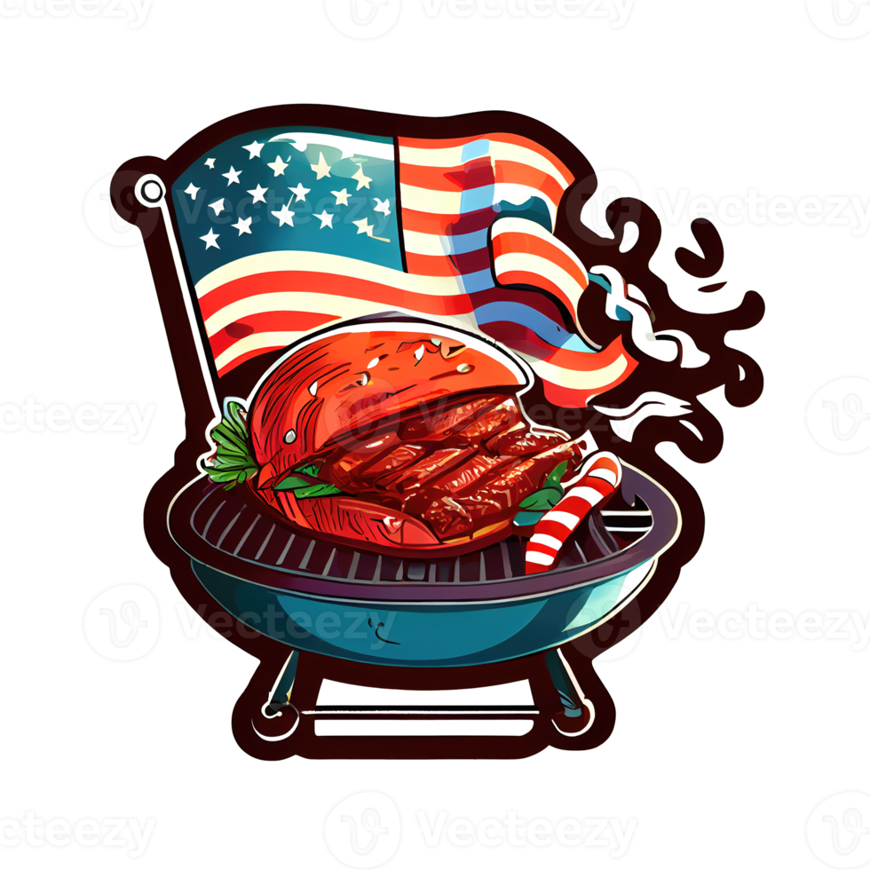 tecknad serie klistermärke av en utegrill tallrik med grillad kött, symboliserar de amerikan sommartid maträtt. png