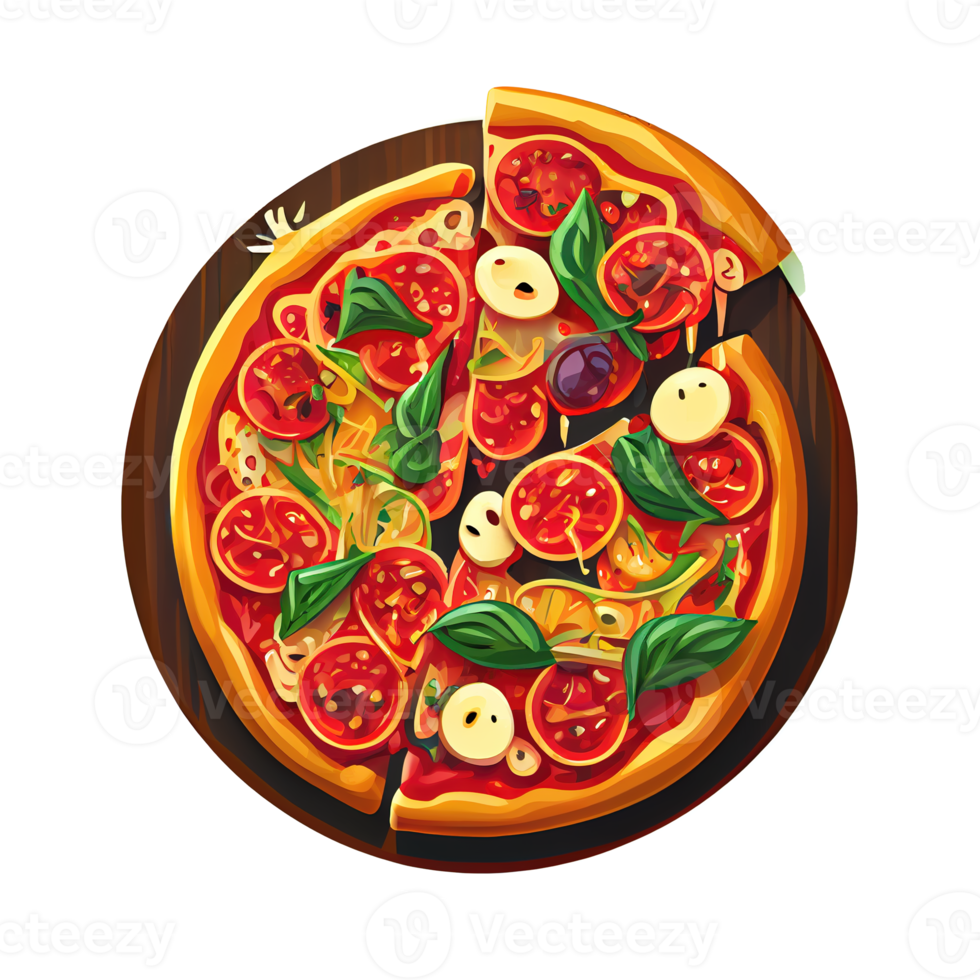 plato italiano de pizza con salsa de tomate, queso y varios ingredientes. pizza de pegatina de dibujos animados. png