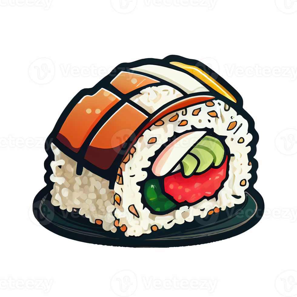 Cartoon Aufkleber Sushi japanisches Gericht aus rohem Fisch und Reisbrötchen png