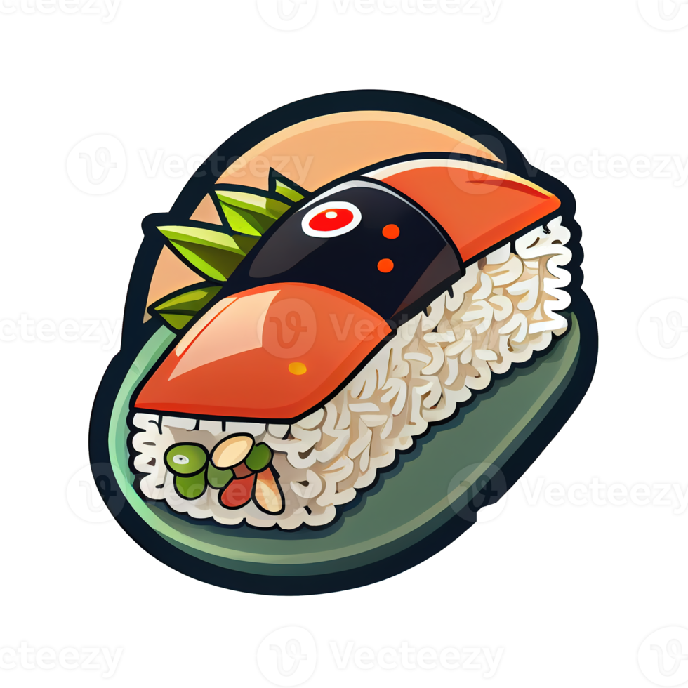tecknad serie klistermärke sushi japansk maträtt av rå fisk och ris rullar png
