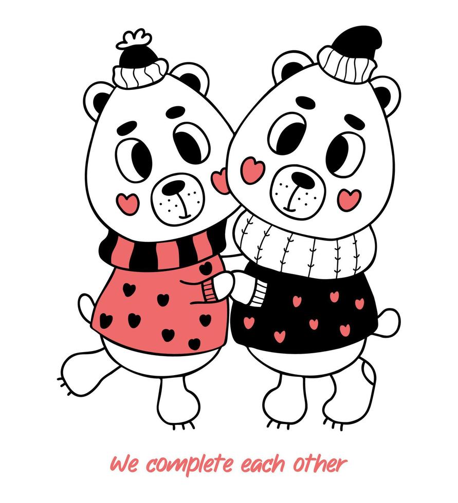 un par de osos enamorados abrazados con ropa de invierno. tarjeta de san  valentin nos completamos. ilustración vectorial en estilo garabato.  divertidos personajes animales lindos. 17293895 Vector en Vecteezy