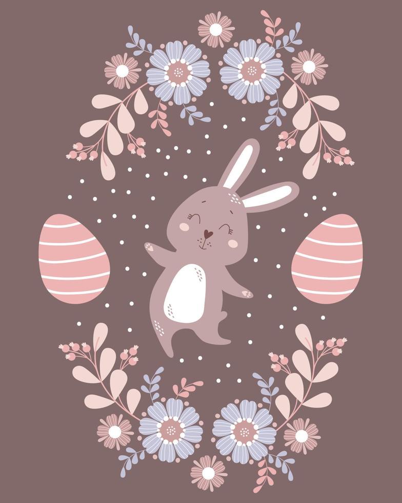 Easter card. Happy cute easter bunny with easter eggs, decorative flowers and leaves. Vector illustration in scandinavian style. For Easter design and decoration, decor, print