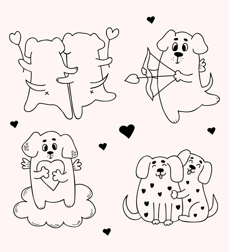 Loving dogs. Collection romantic pets with heart and cute hugging dogs. Vector illustration. Isolated Outline drawings for design and decor of valentines, love postcards, printing.