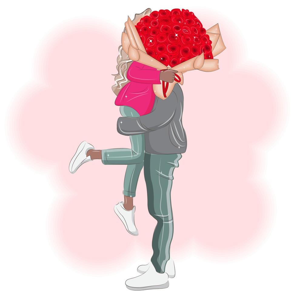 Loving couple with a bouquet of roses, vector illustration for Valentine's Day