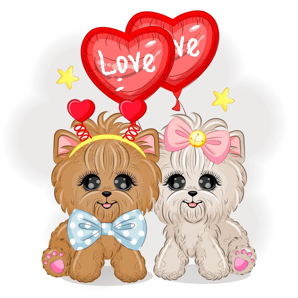 un par de yorkshire terriers con globos en forma de corazón lindo san valentín vector