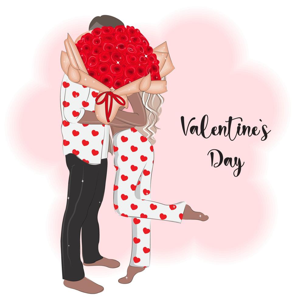 Loving couple with a bouquet of roses, vector illustration for Valentine's Day3