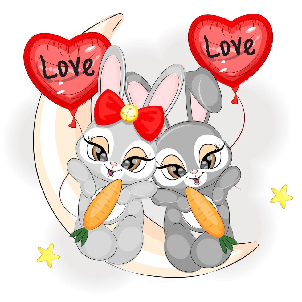 Cute rabbits on the moon with carrots couple Valentine's Day, vector illustration