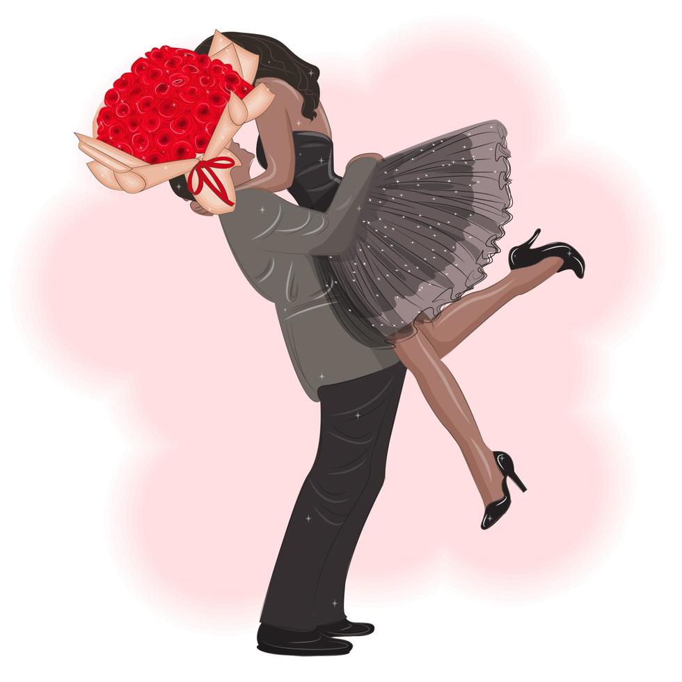 Loving couple with a bouquet of roses, vector illustration for Valentine's Day