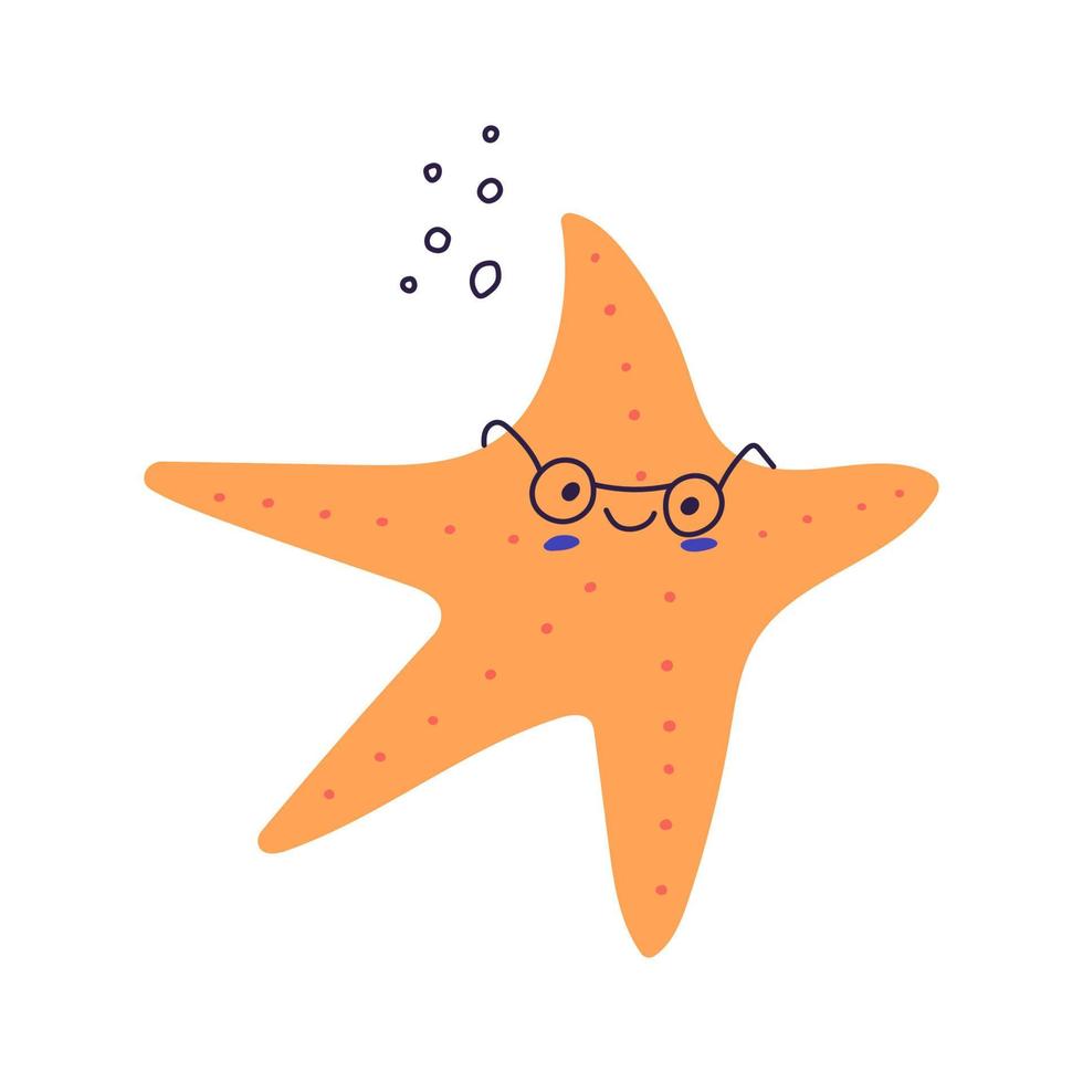 Funny starfish wearing glasses, cartoon flat vector illustration isolated on white background. Cute sea animal character for kids design. Cheerful smiling starfish.