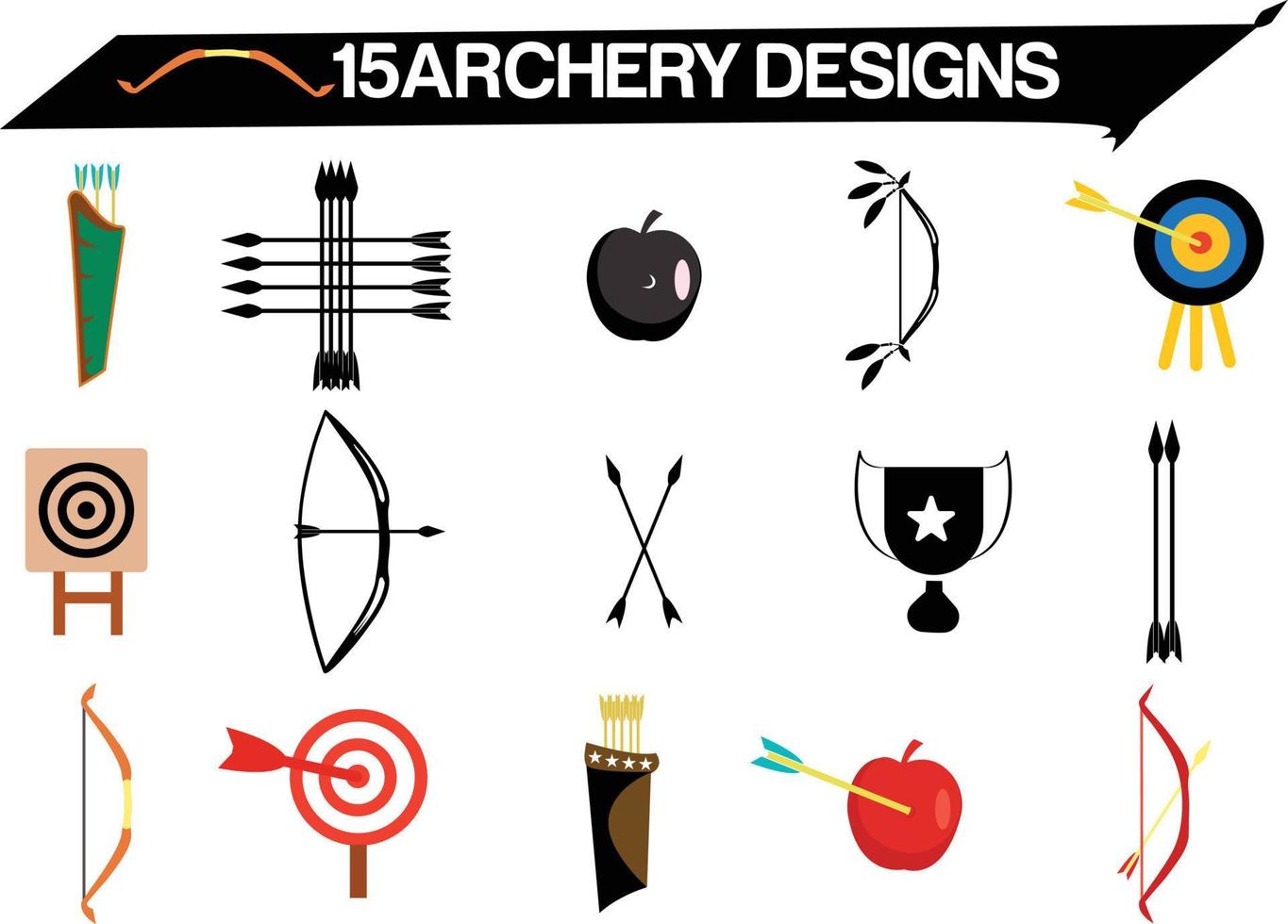 Different archery elements vector illustrations set. Equipment for archery, different bows, arrows, targets, apple isolated on white background. Sports, archery concept for game design