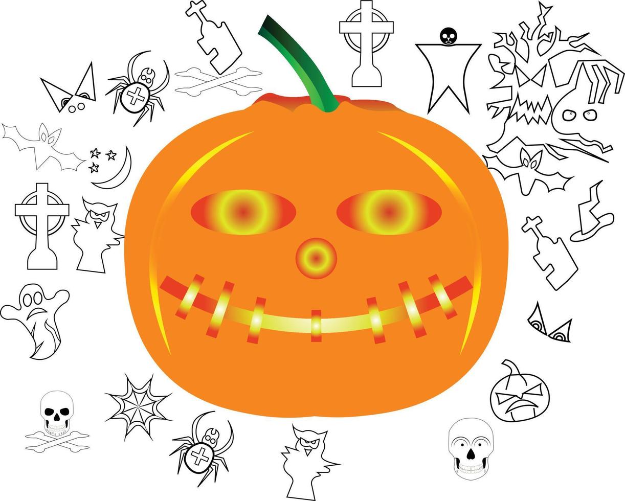 Vector seamless pattern for Halloween. Pumpkins, bats, skulls and autumn leaves in doodle childish style. Bright cartoon pattern for Halloween