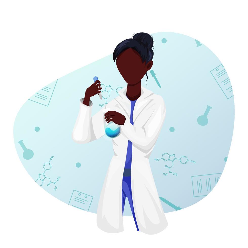 International Day of Women and Girls in Science. woman chemist, scientist in a bathrobe conducts experiments. Vector illustration.