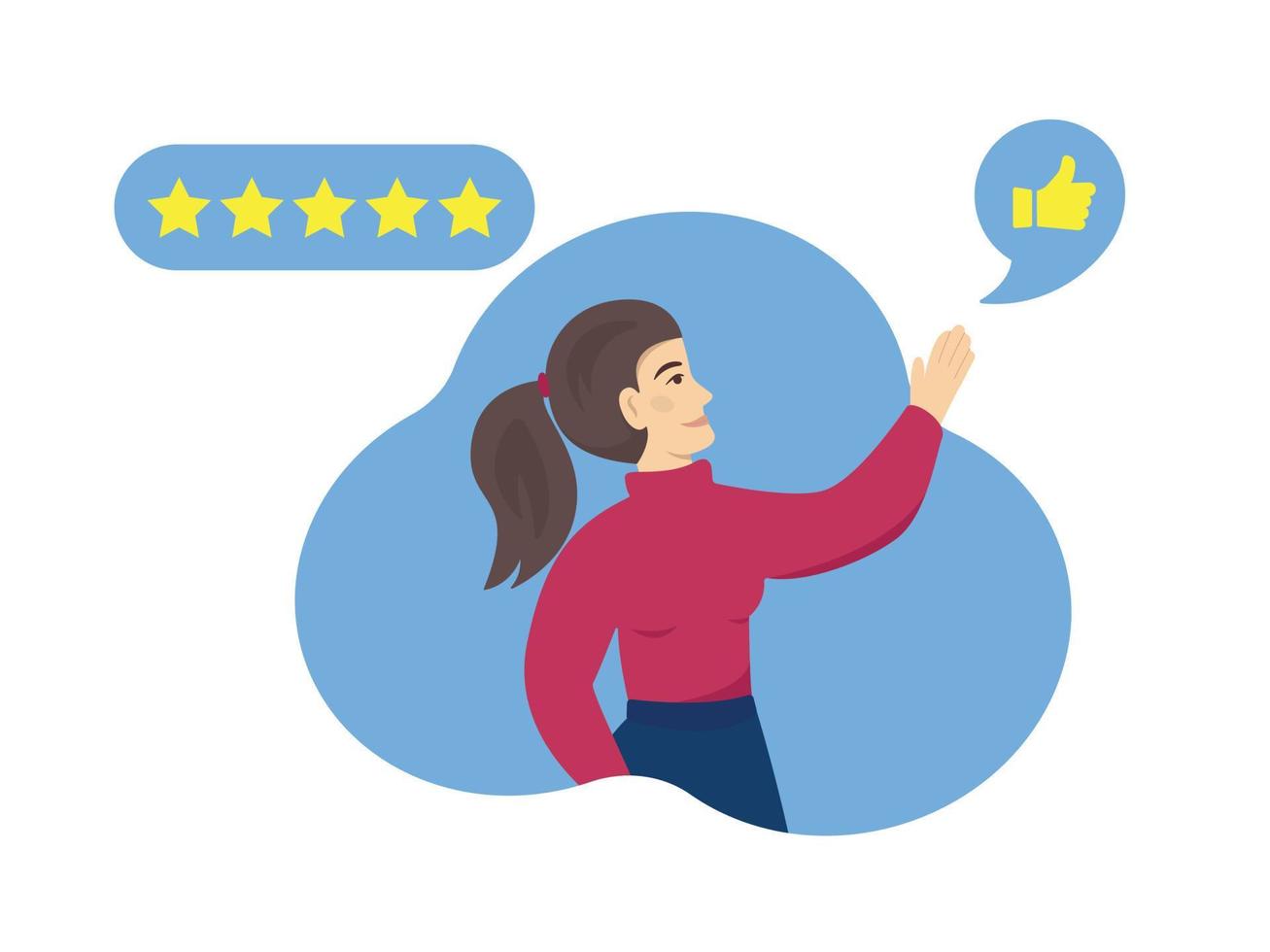 Customer feedback review with give 5 star rating. Customer woman review and user rating five stars. Best quality, excellence, high performance rating, positive rating. Flat style vector illustration