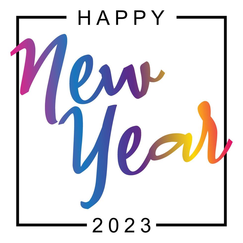 HAPPY NEW YEAR 2023 in square canvas with line border. Isolated in white background and color full font. Celebration poster, banner template design. Editable Vector illustration in EPS10