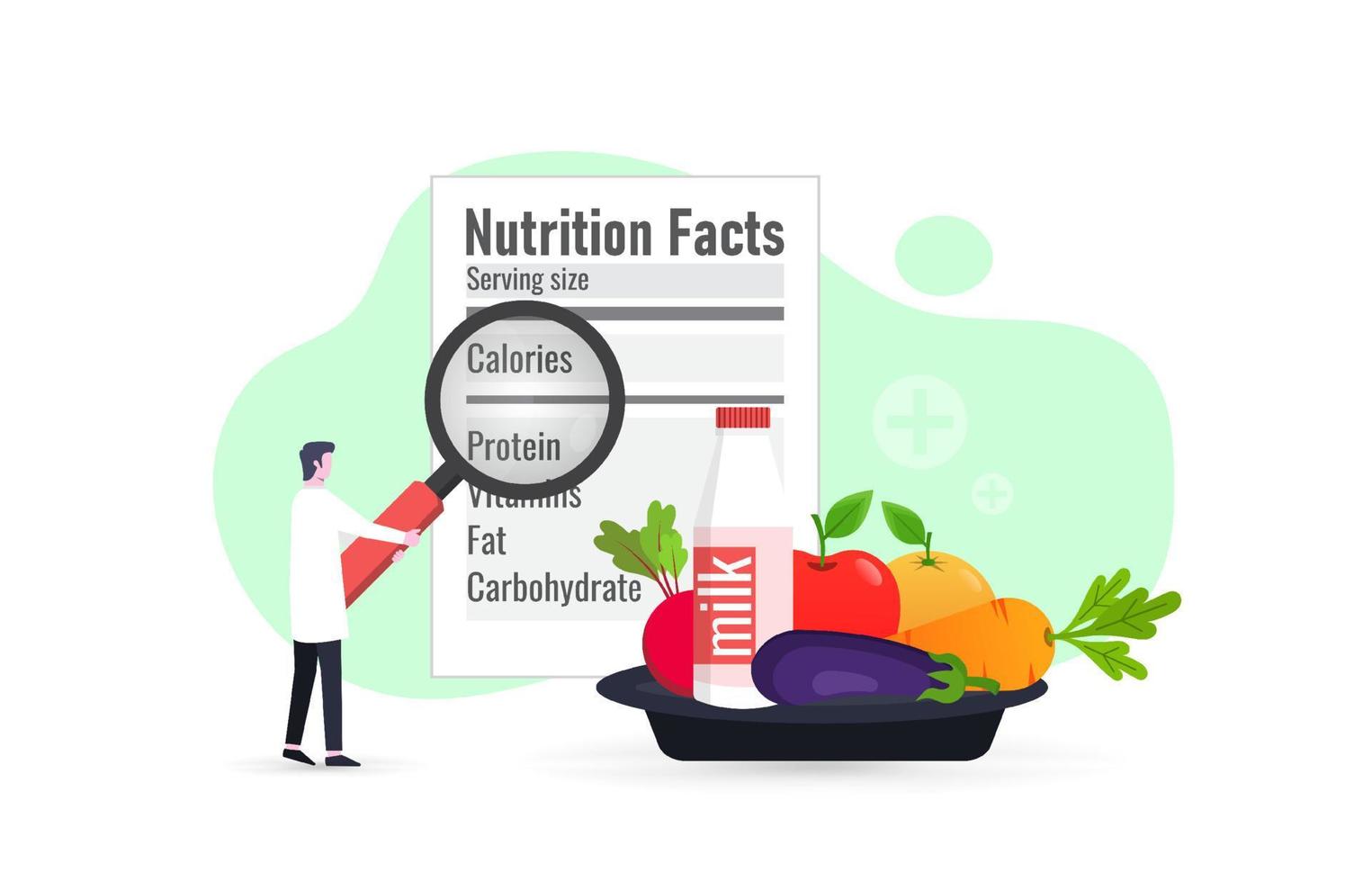 opciones de nutrición para una dieta saludable, nutricionista para evaluar sistemáticamente el estado nutricional general de los pacientes, nutricionista revisando la etiqueta de información nutricional con lupa vector