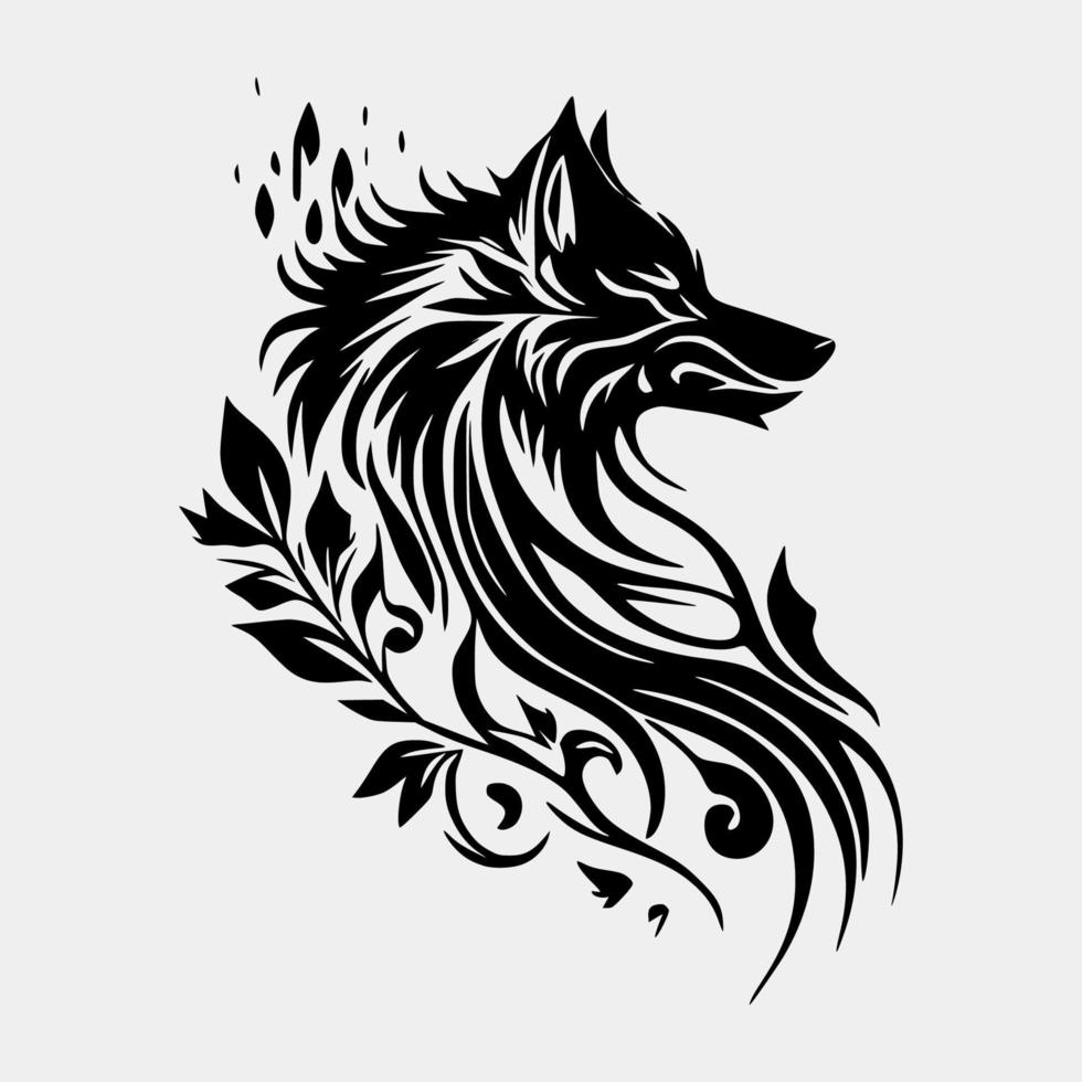 Set Flaming wolf on White Background. Tribal Stencil Tattoo Design Concept. Flat Vector Illustration.