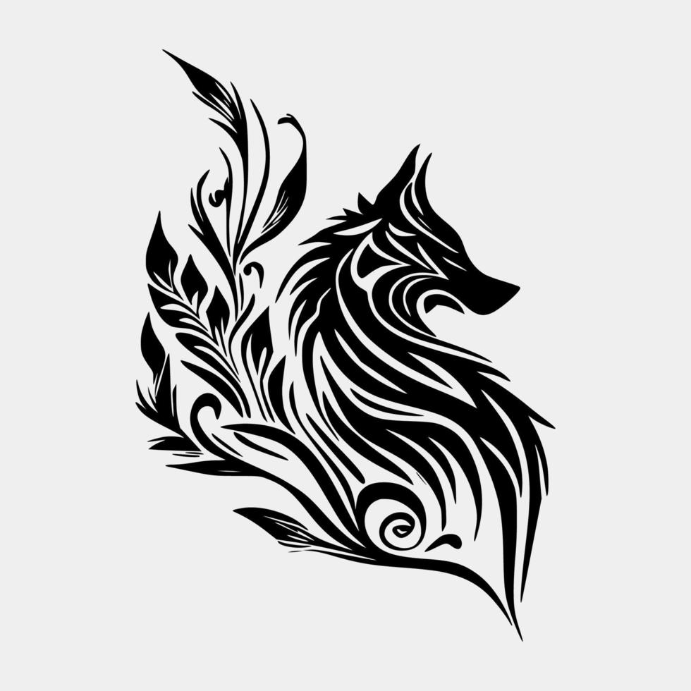 Set Flaming wolf on White Background. Tribal Stencil Tattoo Design Concept. Flat Vector Illustration.