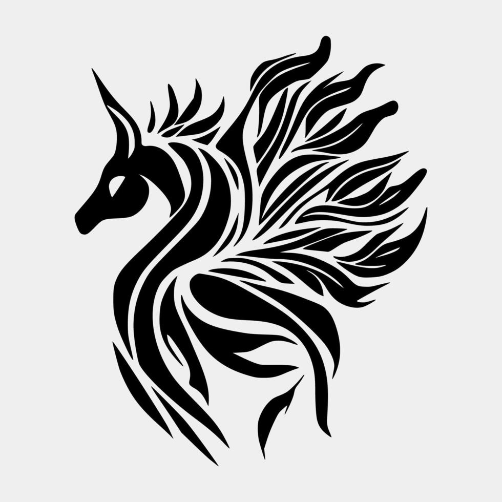 Set Flaming pegasus on White Background. Tribal Stencil Tattoo Design Concept. Flat Vector Illustration.