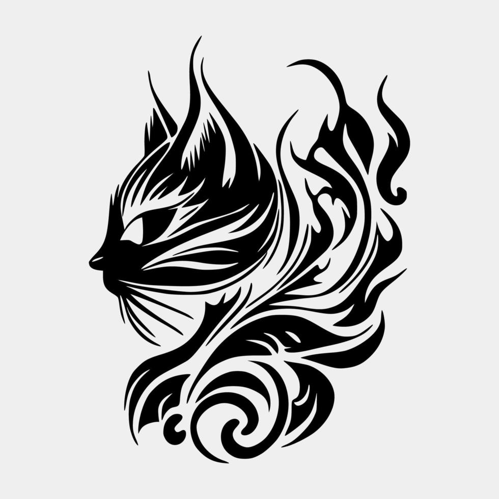 Set Flaming cat on White Background. Tribal Stencil Tattoo Design Concept. Flat Vector Illustration.