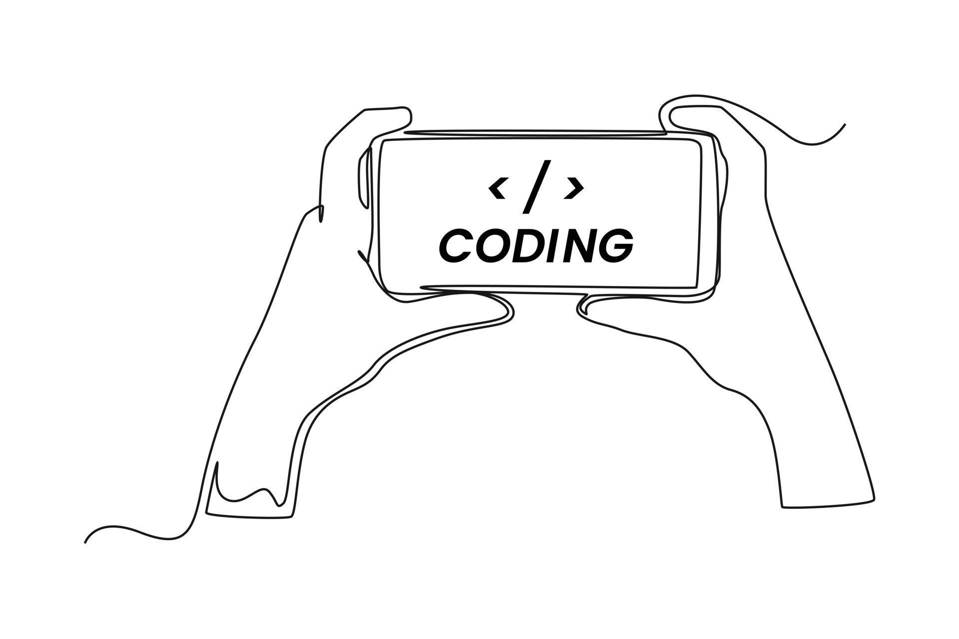 Continuous one line drawing hand hold coding smartphone. Programming