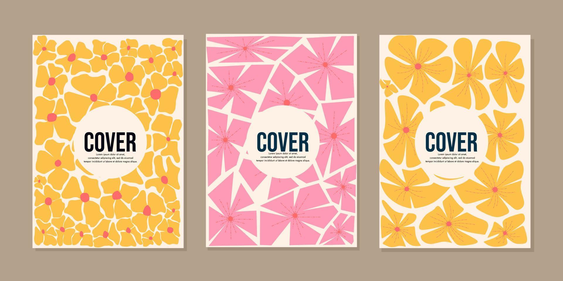 Groovy abstract flower cover set. Floral botanical vector illustration in yellow, pink, orange colors. Contemporary poster and background. Organic doodle shapes in trendy naive retro hippie 60s 70s