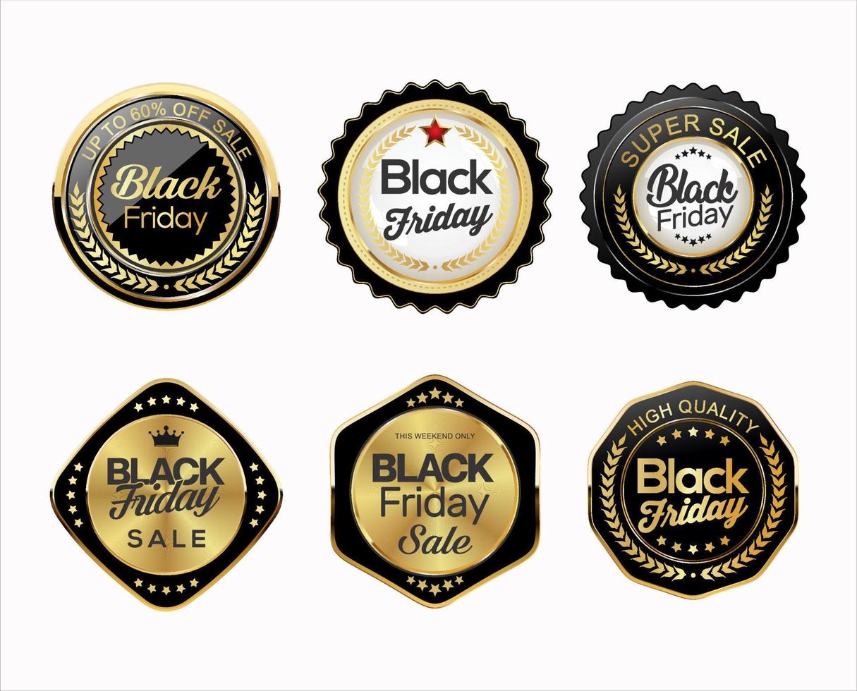 Collection of gold and black Black Friday badges and labels vector illustration