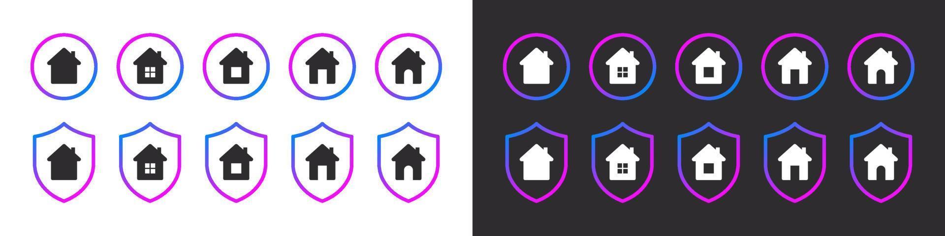 conjunto de iconos de inicio. iconos de escudo y casa. iconos de la casa. bienes raíces. símbolos de casas de estilo plano. iconos vectoriales vector