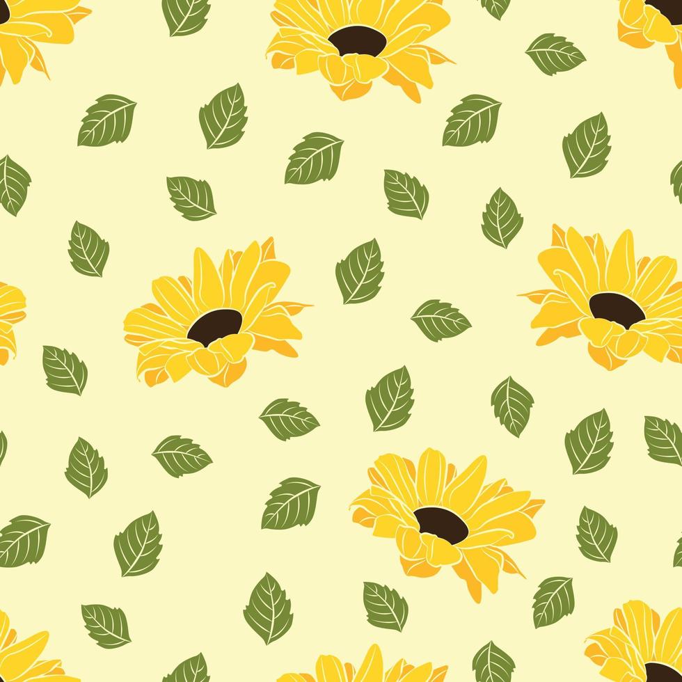 diseño de patrón de girasoles y hojas. bueno para estampados, papel de envolver, textiles y telas. fondo dibujado a mano. azulejo botánico. el diseño del patrón de superficie. vector