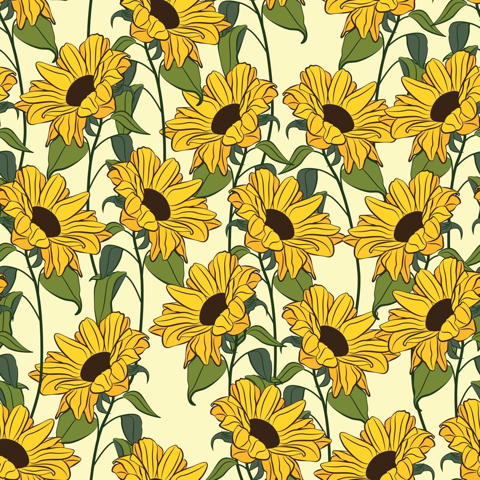 Sunflowers and leaves pattern design. Good for prints, wrapping paper, textiles, and fabric. Hand-drawn background. Botanic Tile. The surface pattern design. vector