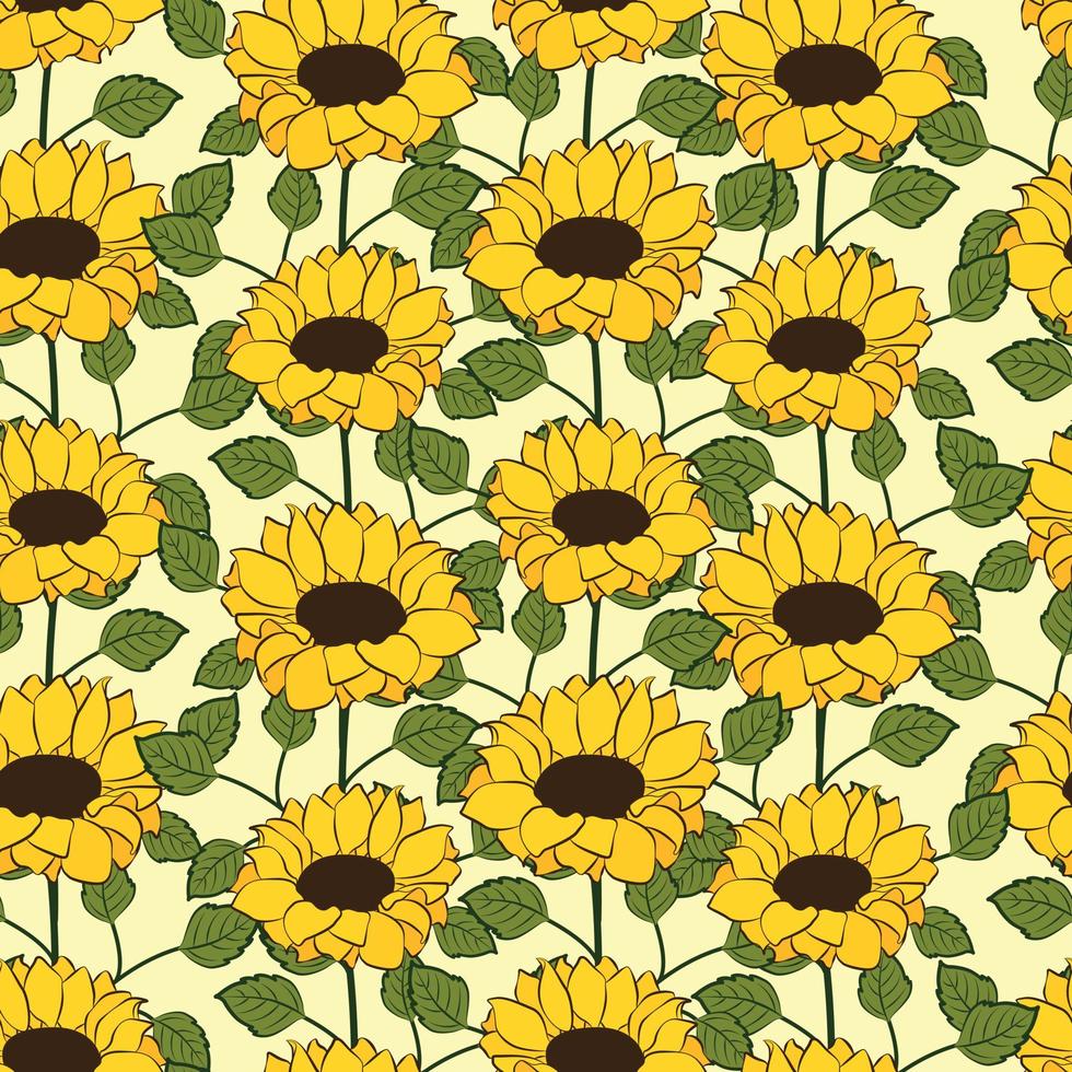 Sunflowers and leaves pattern design. Good for prints, wrapping paper, textiles, and fabric. Hand-drawn background. Botanic Tile. The surface pattern design. vector
