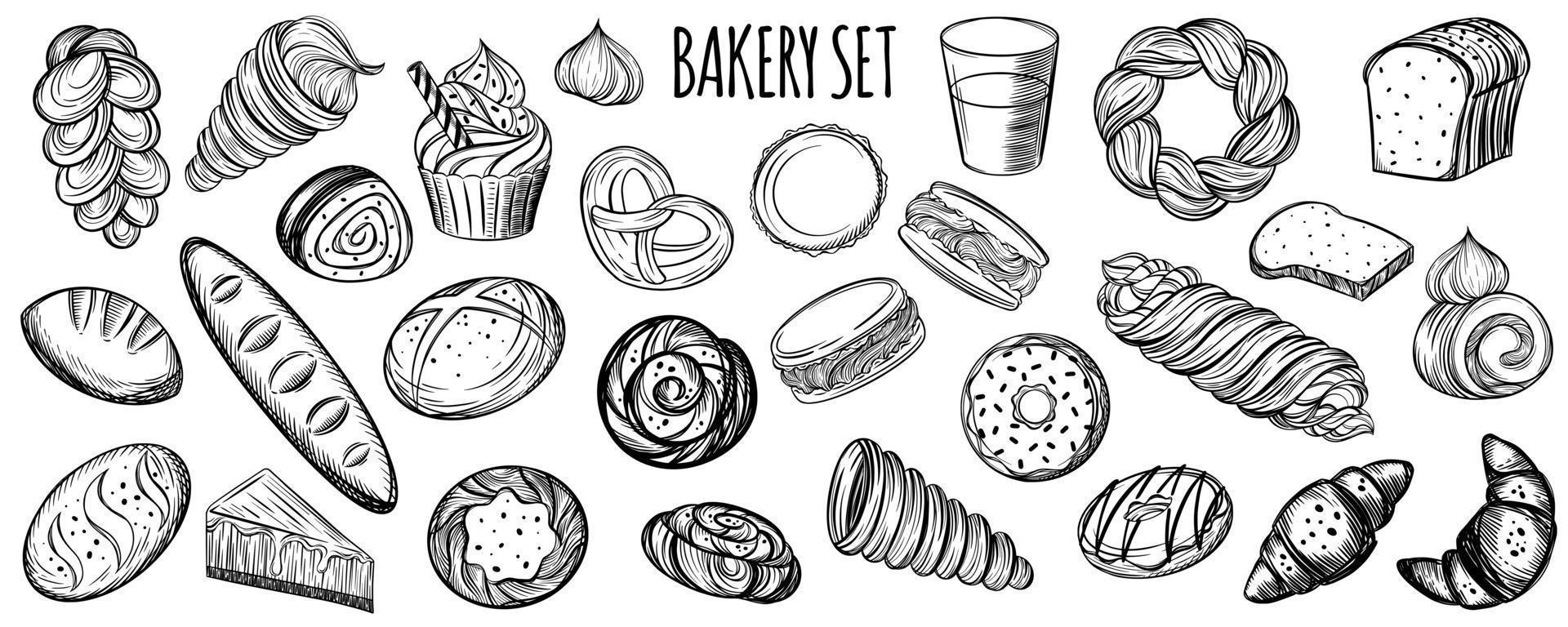 los productos de harina esbozan el conjunto de alimentos para el diseño de panadería o pastelería. vector