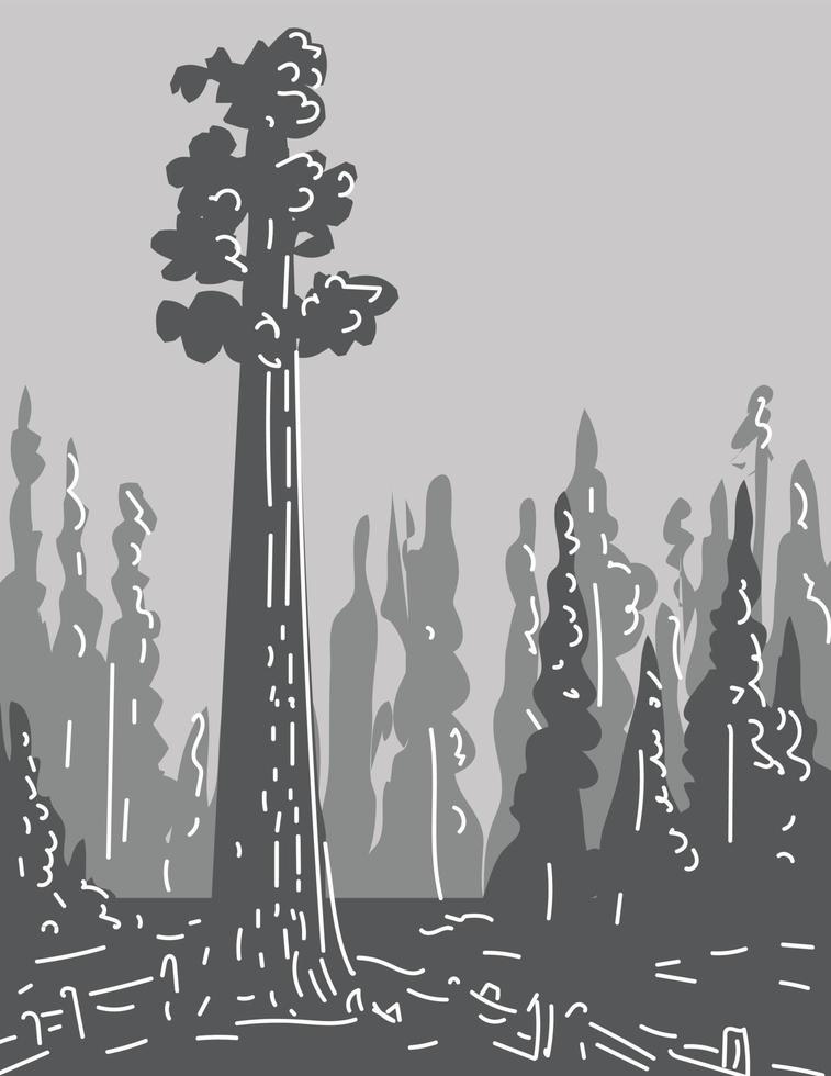 General Sherman Tree in Sequoia National Park California Monoline Line Art Grayscale Drawing vector