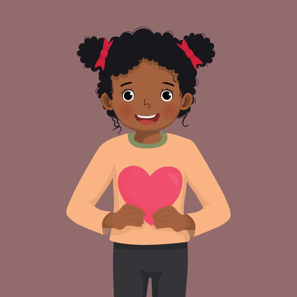 linda niña africana sosteniendo un signo de forma de corazón rojo símbolo de amor para las celebraciones del día de san valentín para el día de san valentín vector