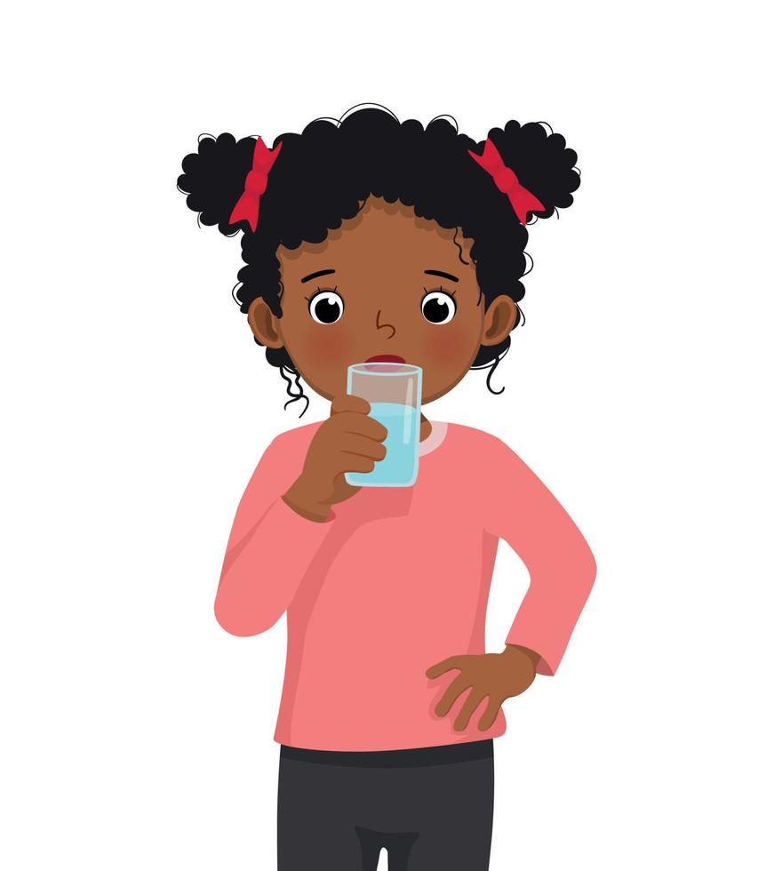 cute little African girl feeling thirsty drink a glass of water vector