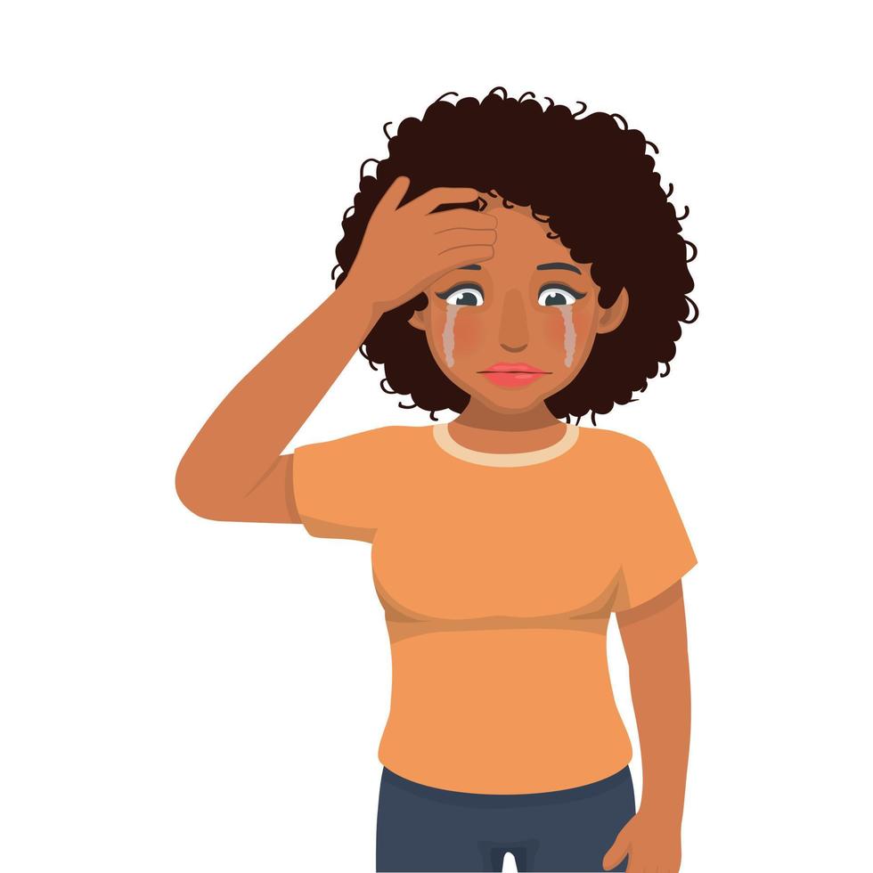 Young African woman feeling sad, crying, broken heart, upset, tired and bored with hand on her forehead vector