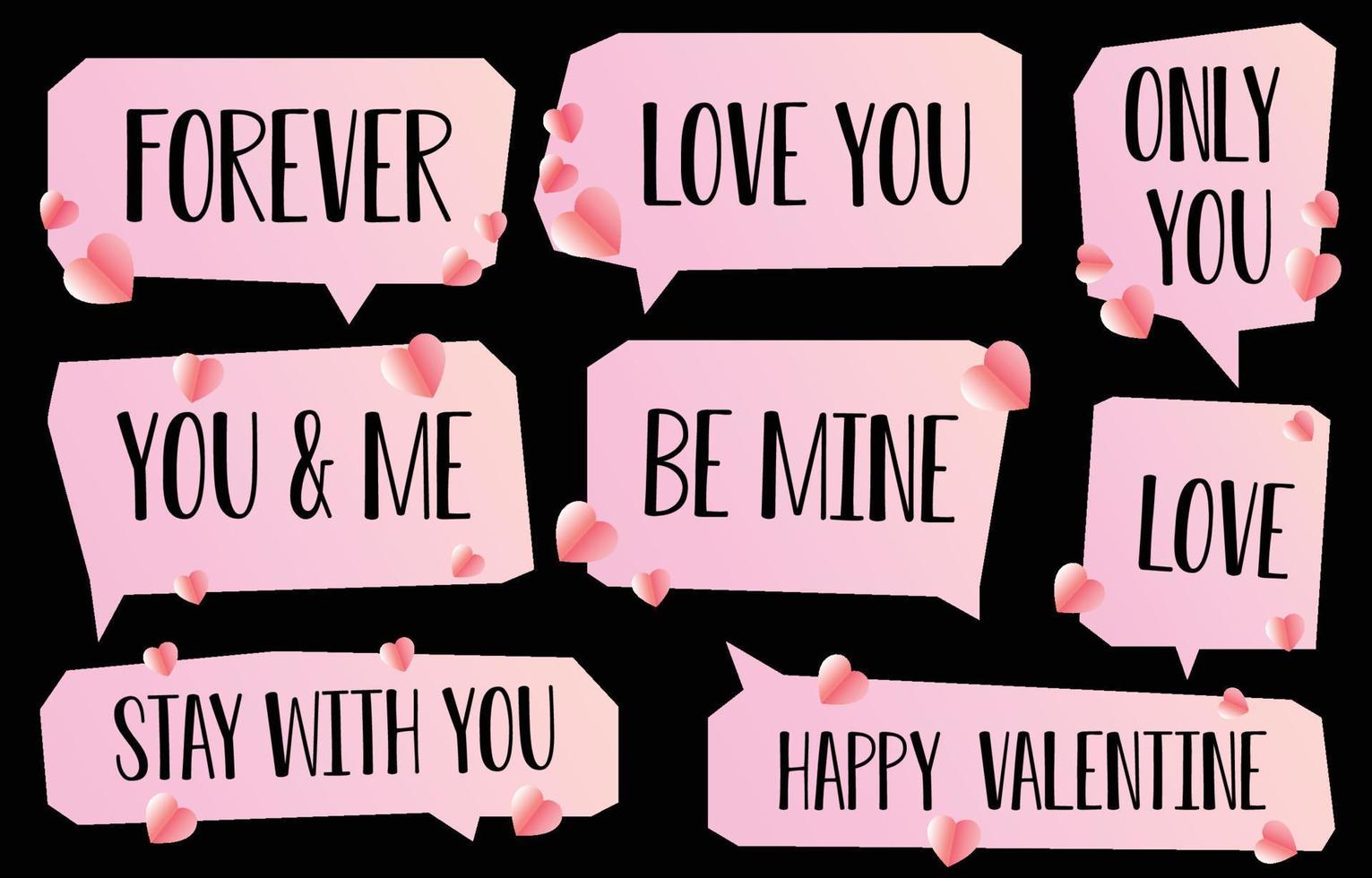 Set valentine speech bubbles on black background. chat vector with lettering for lovers. square and doodle message or communication icon Cloud speaking for comics and minimal message dialog