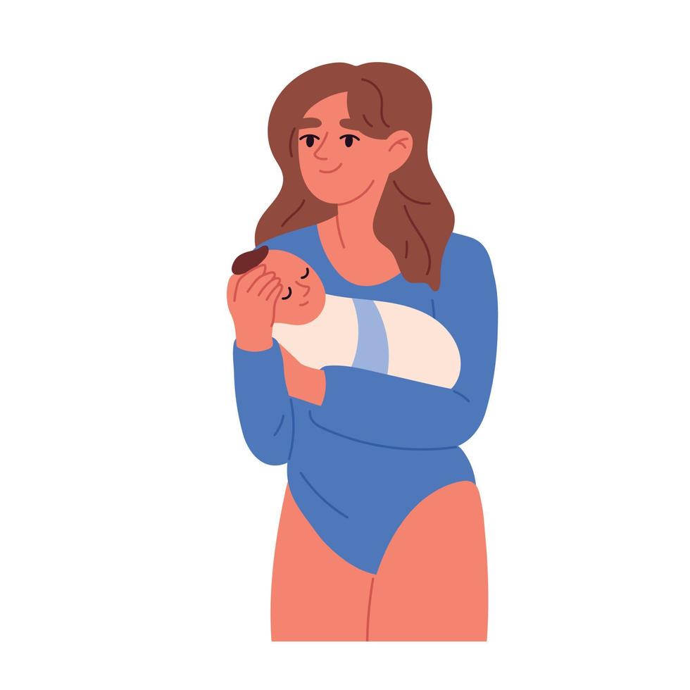 woman with little kid in arms. Mother with child. Flat vector illustration