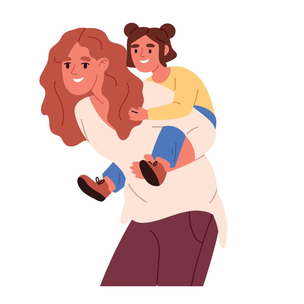 mother day. Happy woman with child in back. care about kid. Flat vector illustration