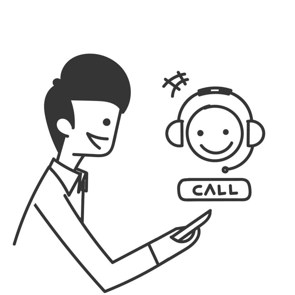 hand drawn doodle call customer support on mobile phone illustration vector